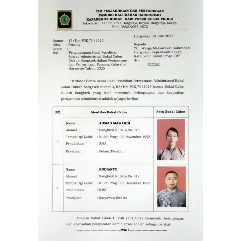 Proses Seleksi Dukuh Sangkrek Masuk Tahap Penelitian Administrasi dan Klarifikasi